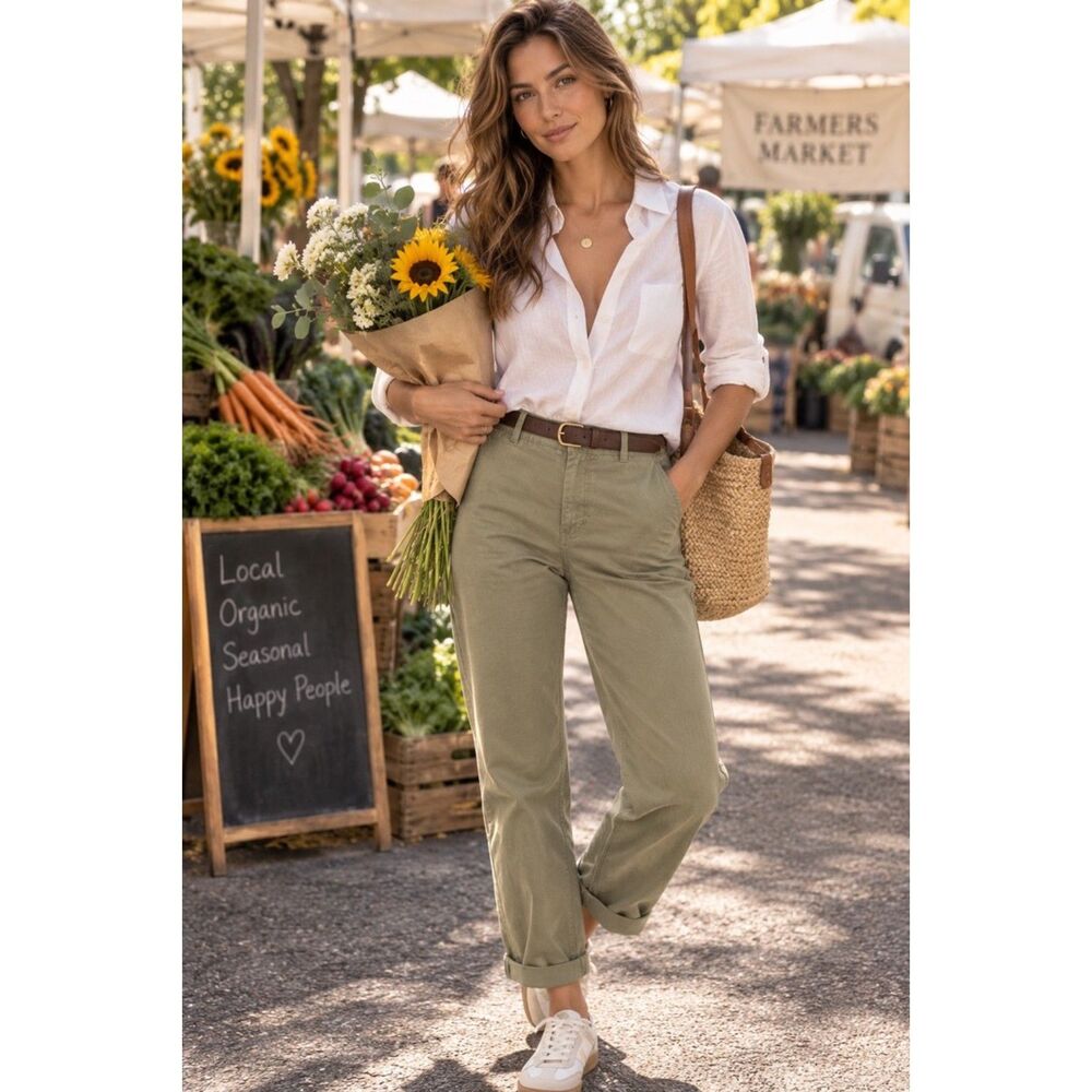 Vince Women’s Cotton Chino Pants Size 2 Olive Khaki Straight Leg Utility